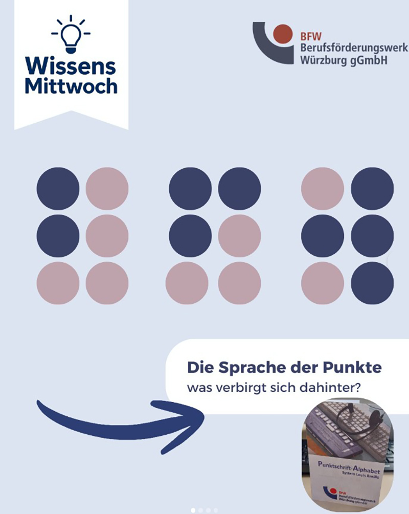 Abbildung einer Braillezeile, Aufschrift 'Die Sprache der Punkte'